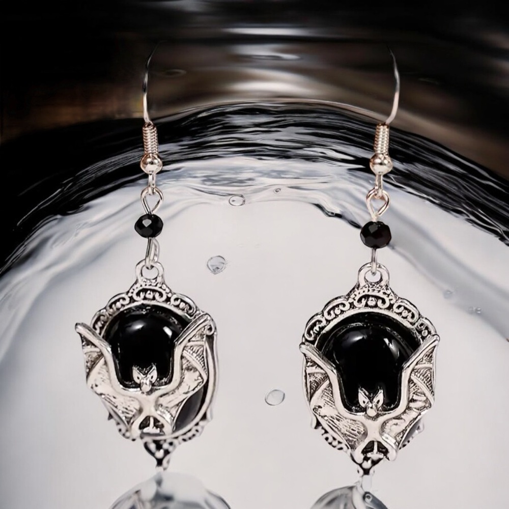 Gothic Bat Cameo Vintage Style Synthetic Black Silver-Plated Alloy Drop Earrings